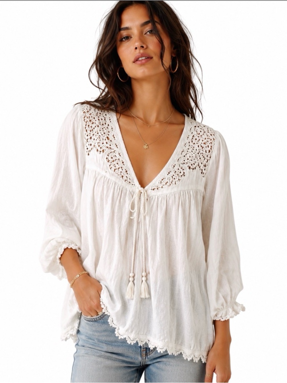 Free People Ivory Crochet Lace Boho Blouse Cottagecore Prairie Victorian Sz S